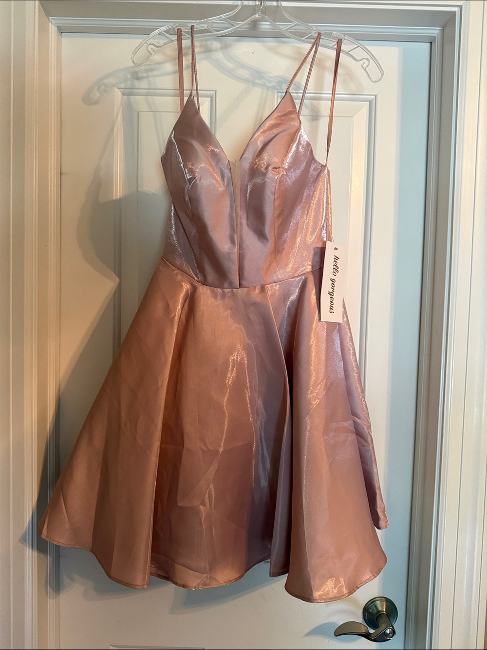 Shimmery Rose-Pink Satin Mini Dress with V-Neck